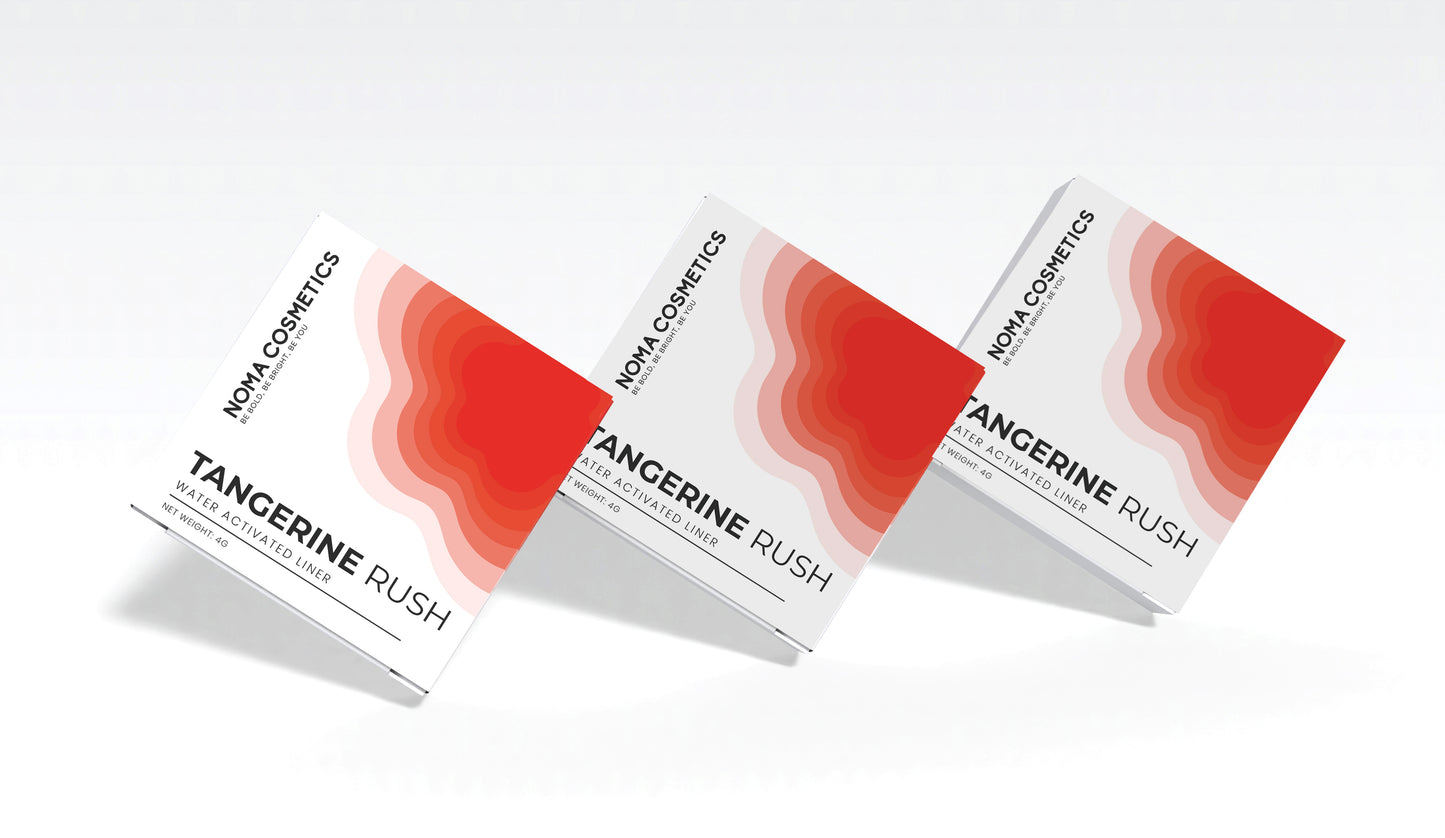 Tangerine Rush Water Activated Liner | Vegan Eyeliner – Noma packaging display with vibrant orange waves.