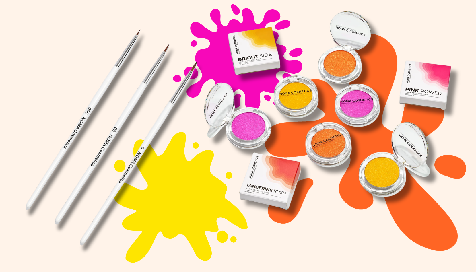 Three NOMA liners in yellow, orange and pink beside three precision brushes.